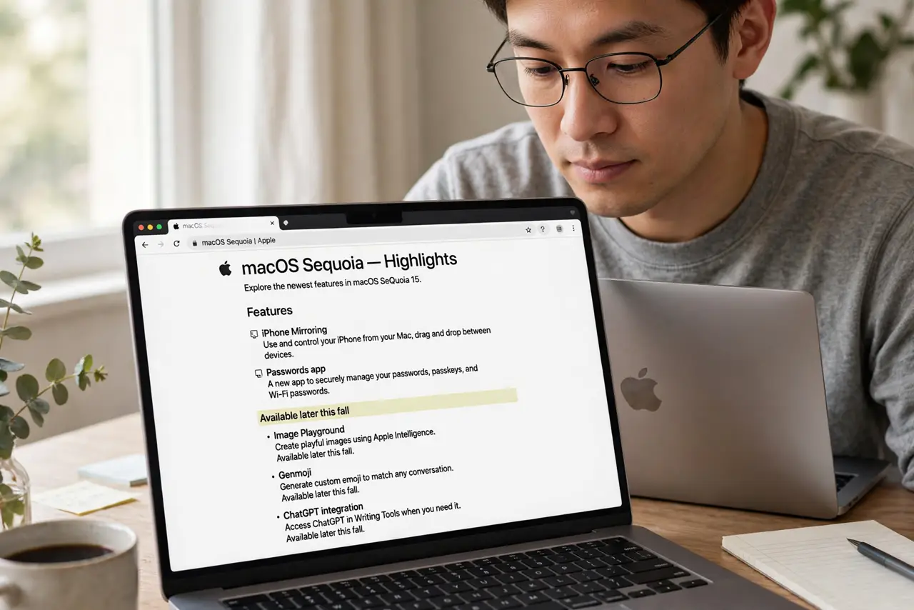 A person performing the first step of the guide: Read Apple's highlights page for the release.