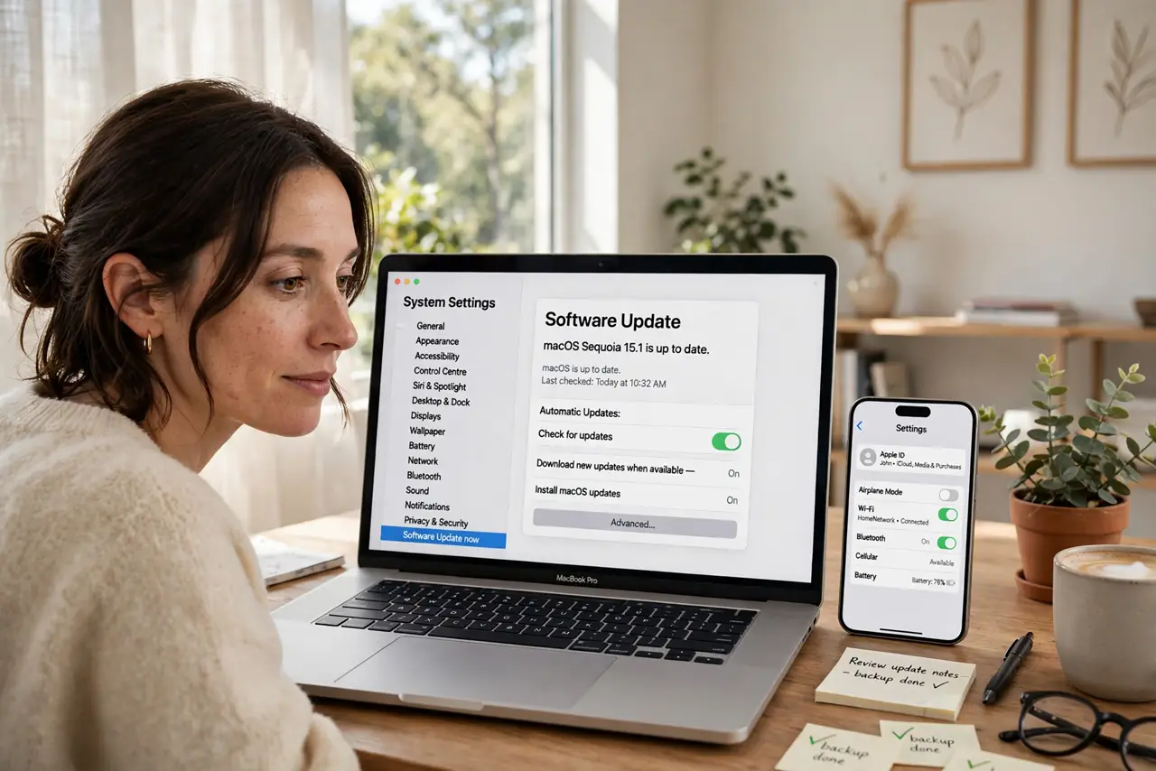a person at a desk with a real Mac showing the System Settings Software Update screen with legible text, an iPhone beside it, the person's face calm and curious, bright room.