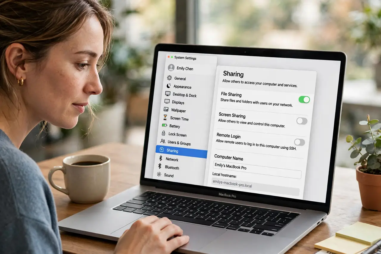 A person calmly performing the guide's first step: Open the Sharing settings.