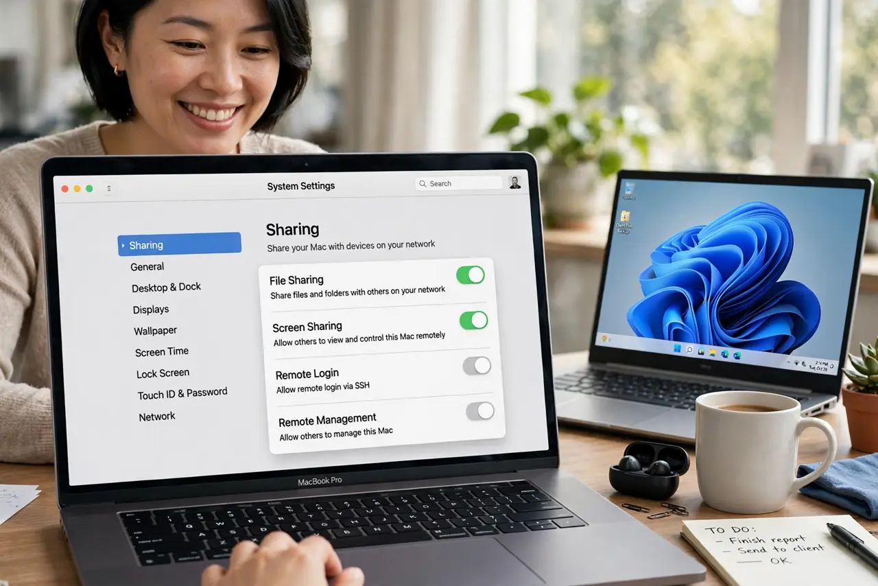 a person using a real Mac with System Settings sharing options open showing legible toggles, a Windows laptop visible nearby, the person's face satisfied. No black screen, no blank.