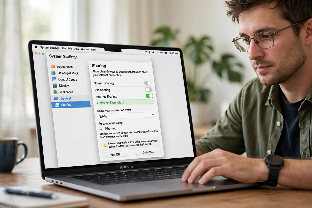 A person calmly performing the guide's first step: Open Internet Sharing.