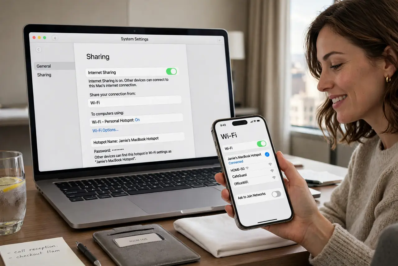 a person with a real Mac on a hotel desk and a real iPhone connecting to its shared Wi-Fi, the phone showing Wi-Fi settings with legible text, the person's face relieved. No black .