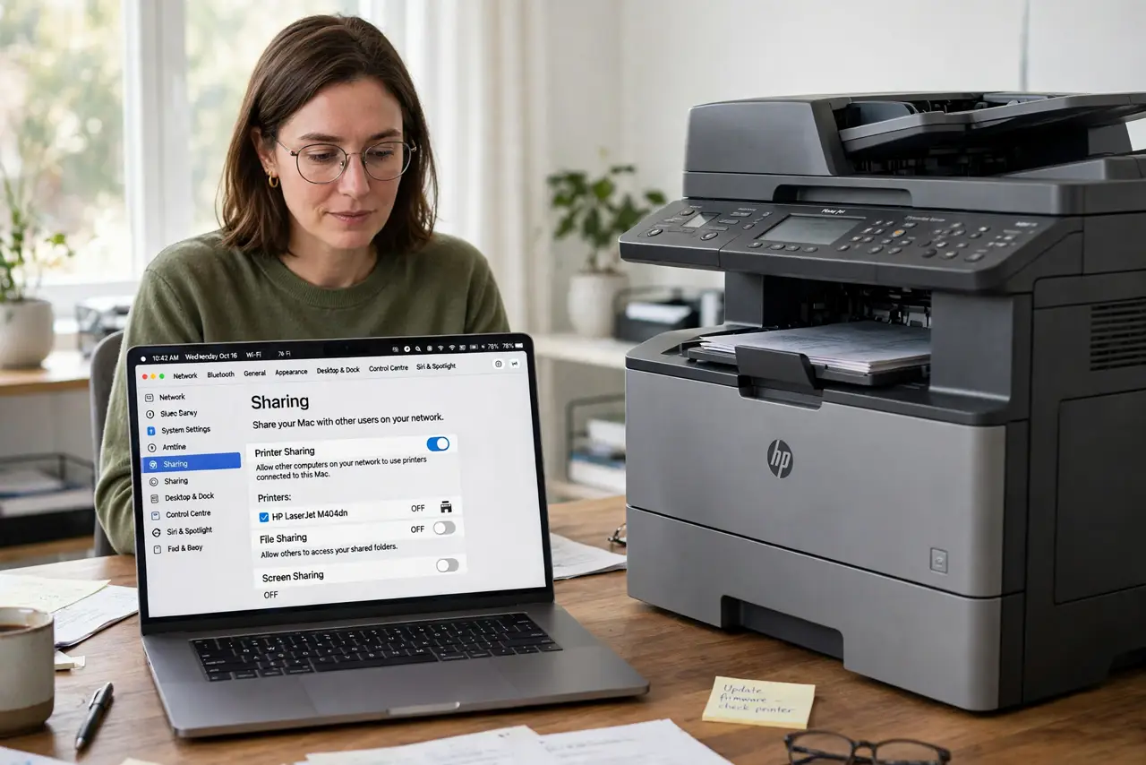 A person calmly performing the guide's first step: Open Sharing settings on the host Mac.