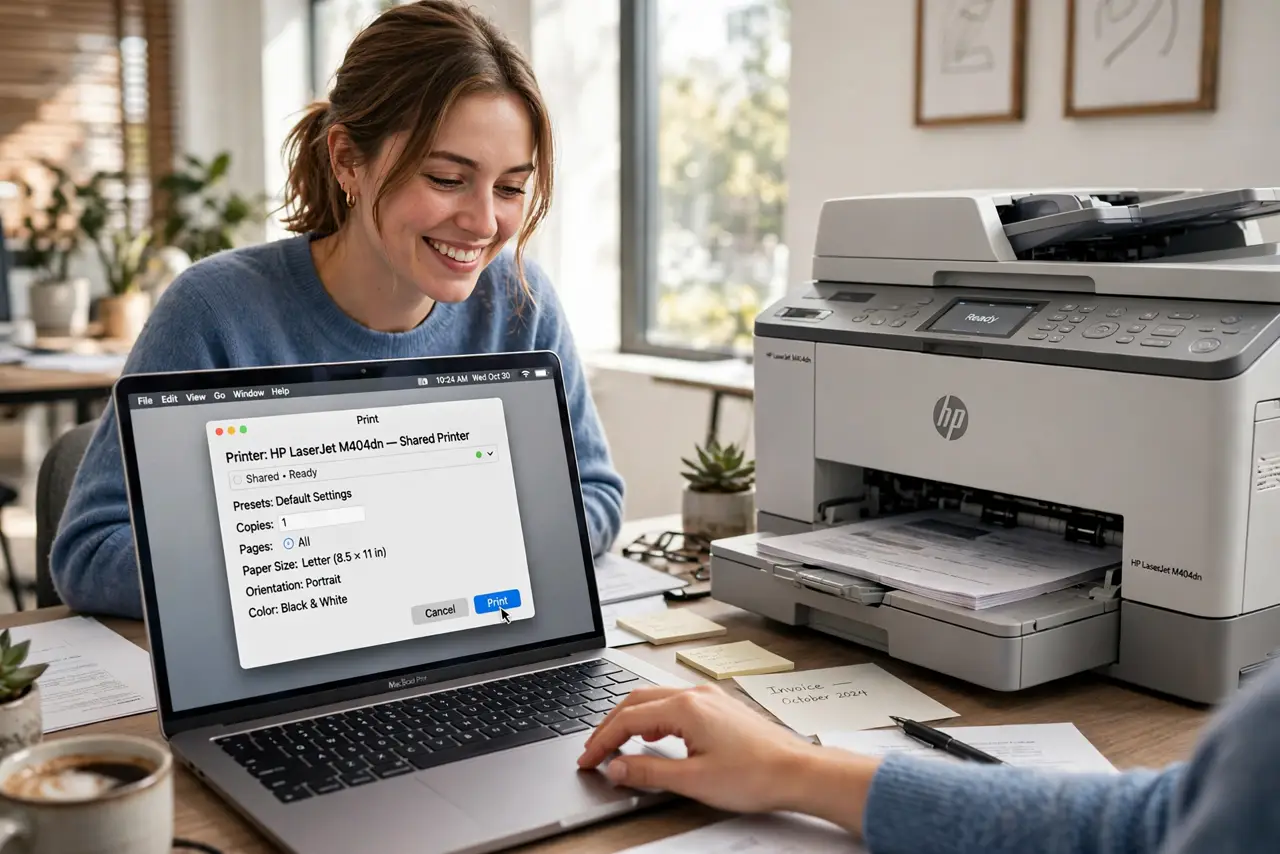 a person clicking print on a real Mac with a print dialog showing a shared printer with legible text, a real printer visible nearby, the person's face pleased. No black screen, no .