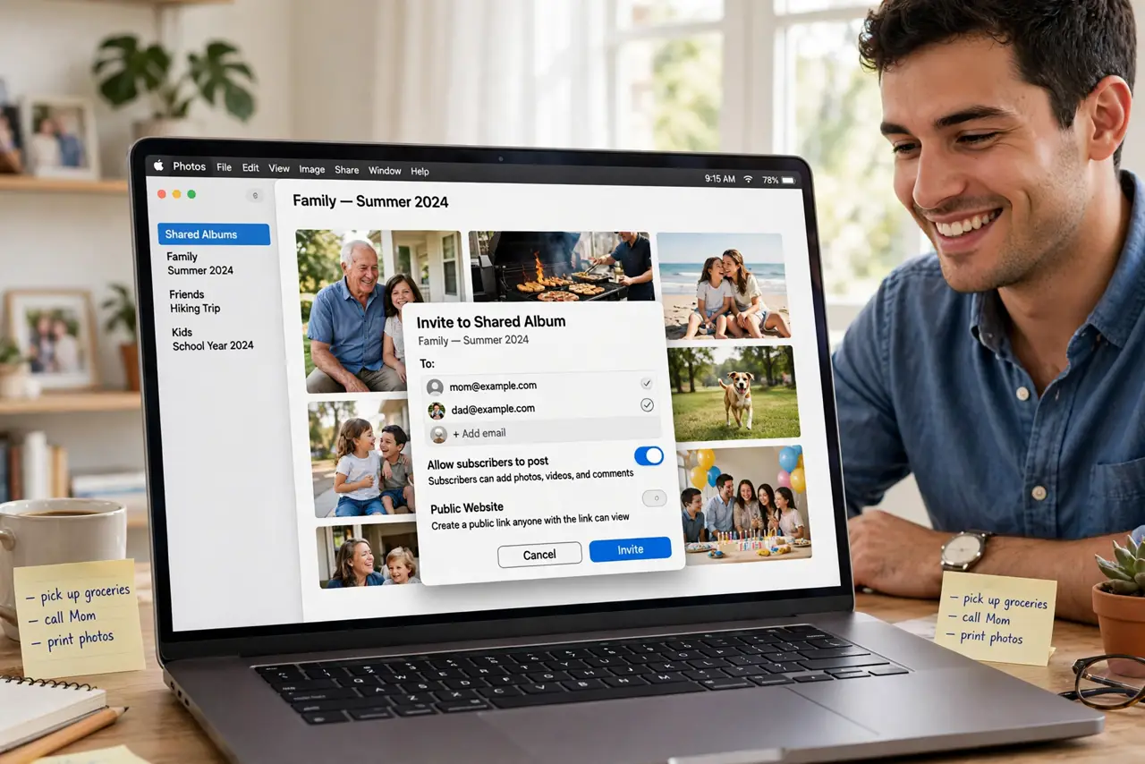 a person using a real MacBook showing the Photos app with a shared album invite dialog open and legible, family photos visible in the album, the person's face happy, bright home office.
