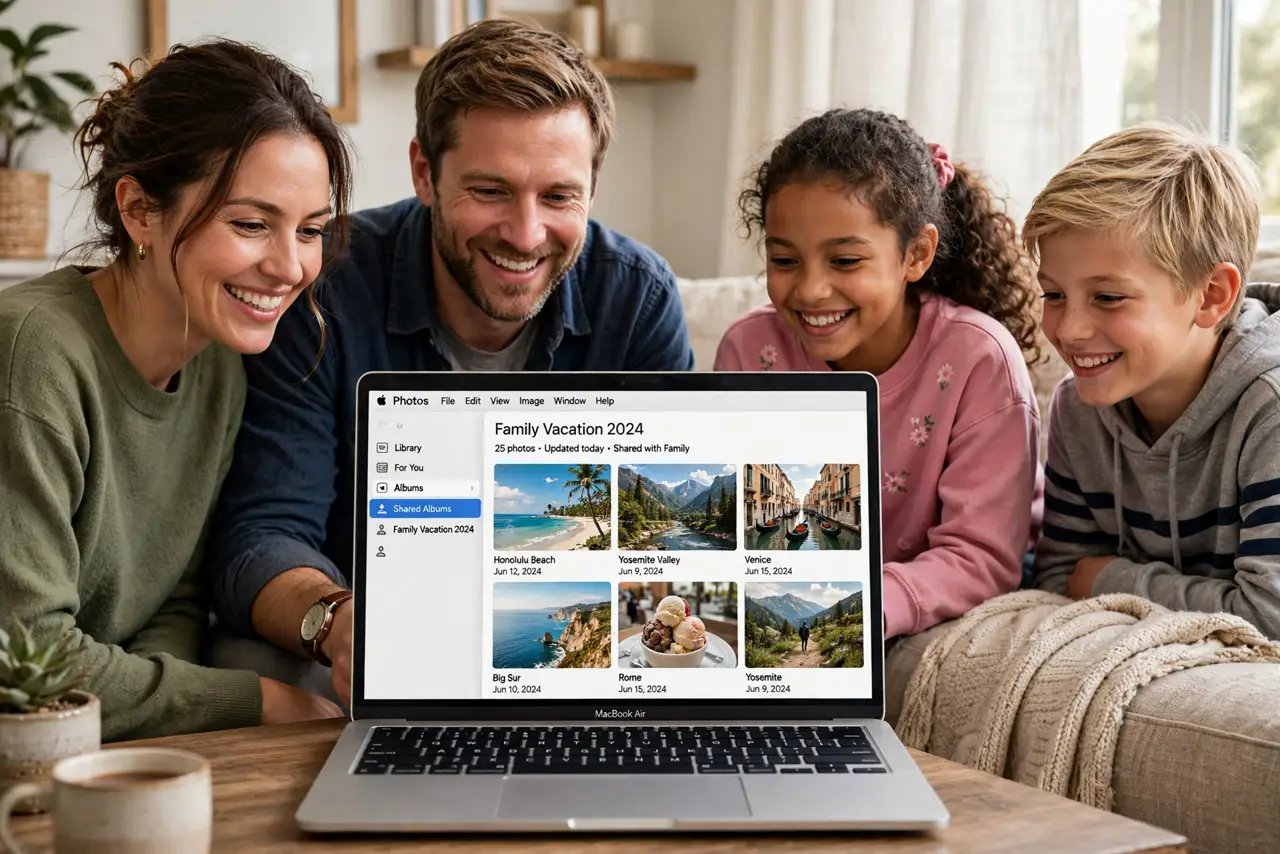 A family looking at a real MacBook showing the Photos app with a legible Shared Album full of vacation photos, the family members' faces happy, living room.