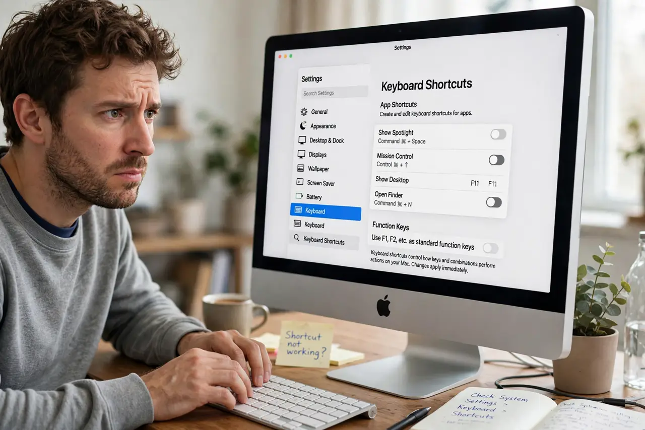 A puzzled person pressing keys on a real Mac keyboard while looking at the Keyboard Shortcuts settings with legible