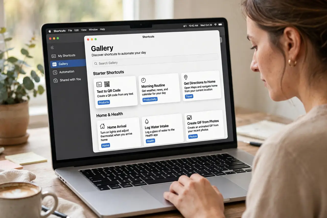 A person carrying out step one: open shortcuts and browse the gallery.