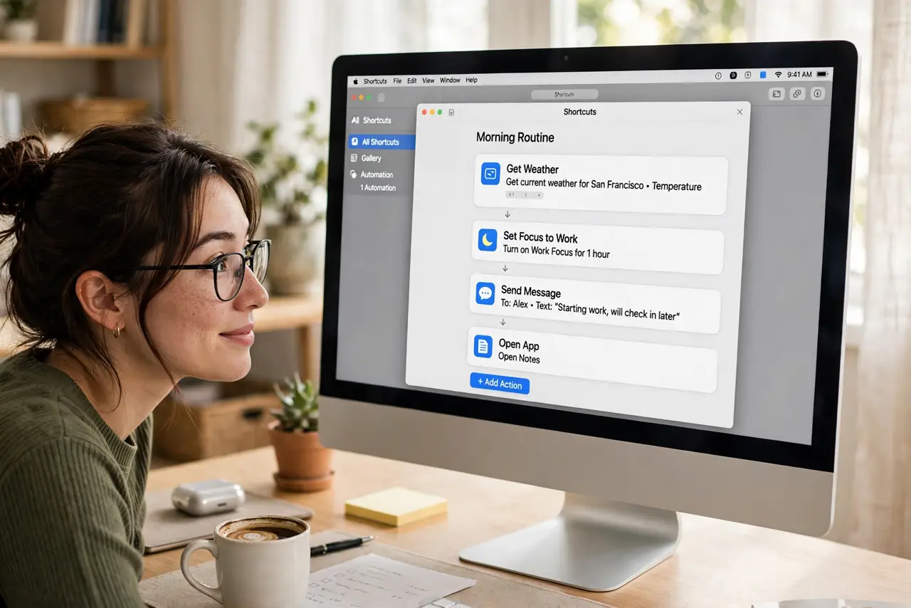 A person looking at a real Mac screen showing the Shortcuts app with a simple automation workflow and legible action blocks, the person's face intrigued and…