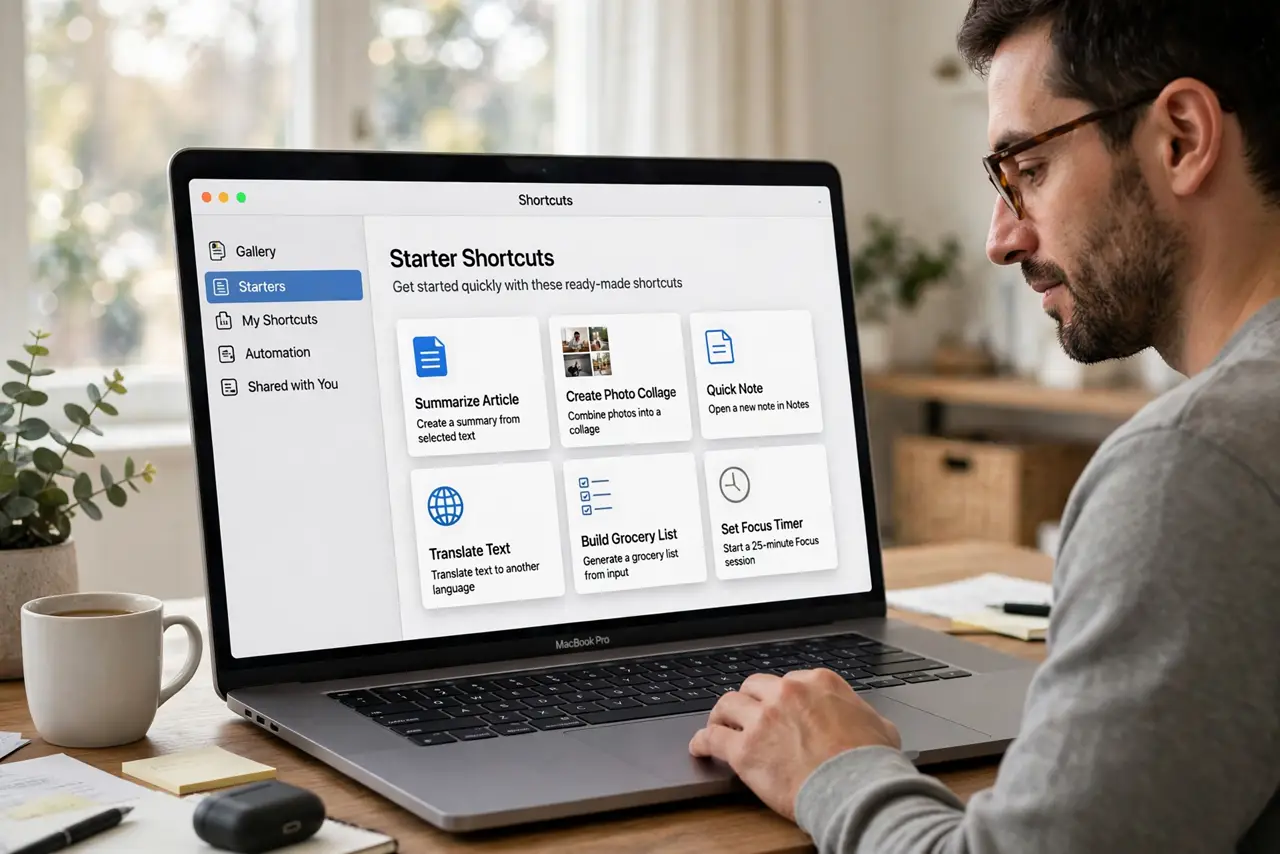 Photoreal photo of a person performing the first step: Open Shortcuts and browse starters. Launch Shortcuts from Applications and look at the Starter