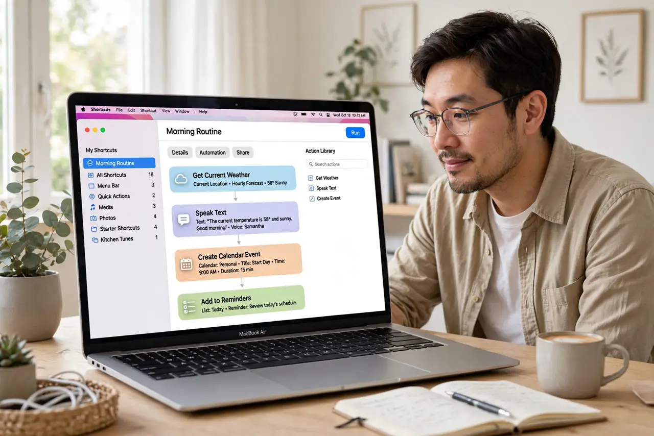 Photoreal photo: a person viewing the real Shortcuts app on a Mac with a legible shortcut workflow of connected actions, the person's face curious, bright home office. No black screen, no blank white screen, no fake or garbled screen