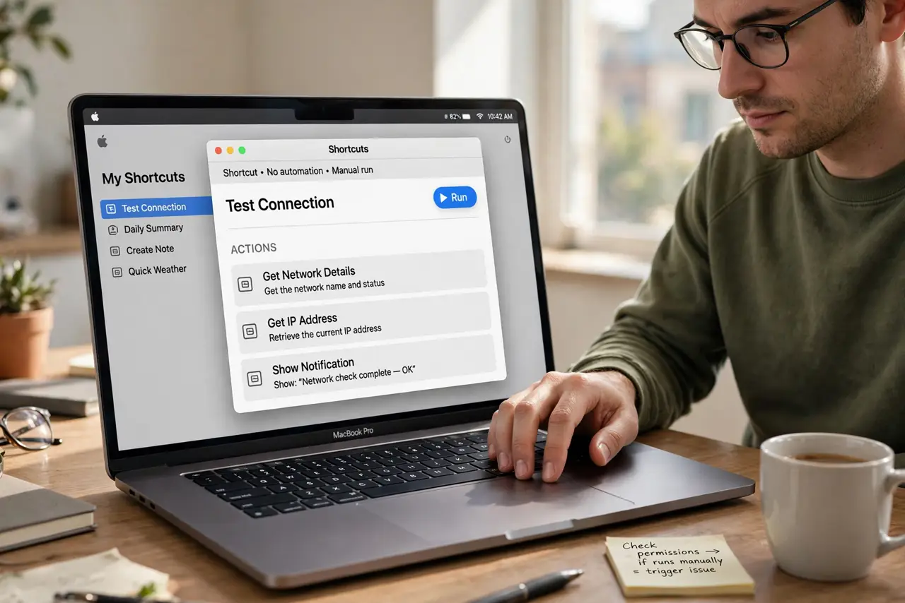 A Shortcuts Automation Never Runs on Mac — step 1 being performed on the device.