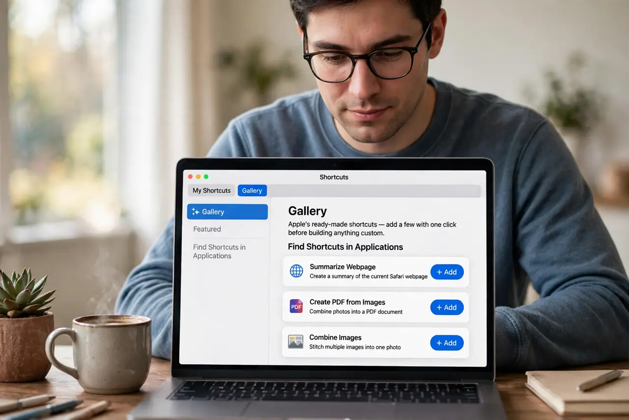 A person performing the first step of the guide: Open Shortcuts and browse the gallery.