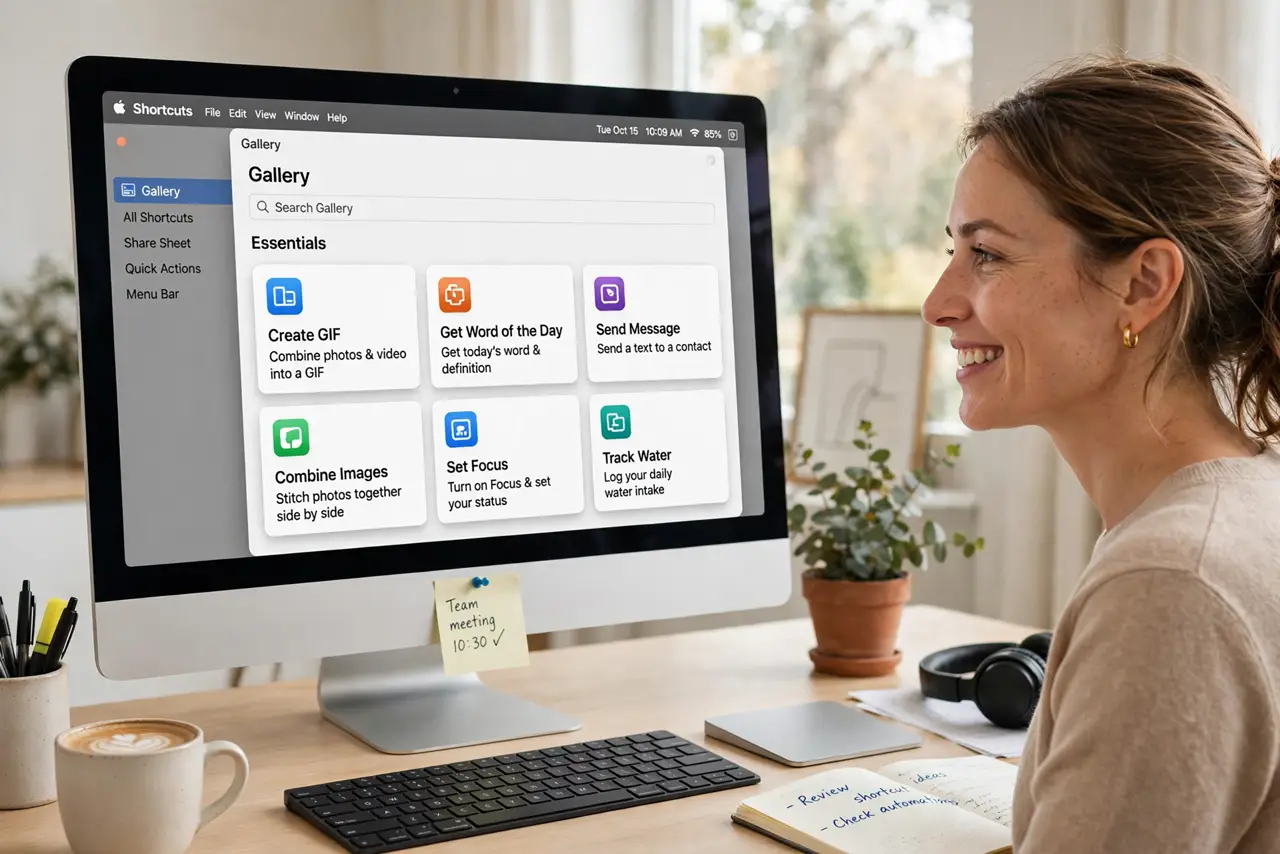 a person at a real Mac, the screen showing the Shortcuts app gallery with legible shortcut cards, the person's face pleased, bright desk.