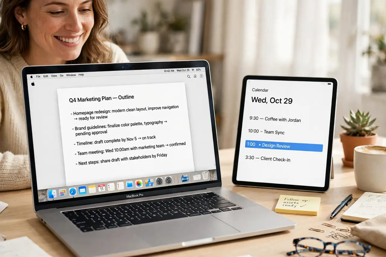 a person using a real MacBook with a real iPad beside it as a second display showing legible content, the person's face pleased, bright desk. No black screen, no blank white screen.