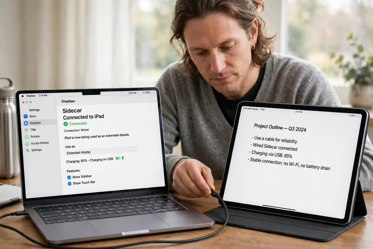 A person performing step 1 of the guide: Use a cable for reliability. Connect the iPad to the Mac with a USB cable. Wired Sidecar also charges the iPad, eliminating two failure m...
