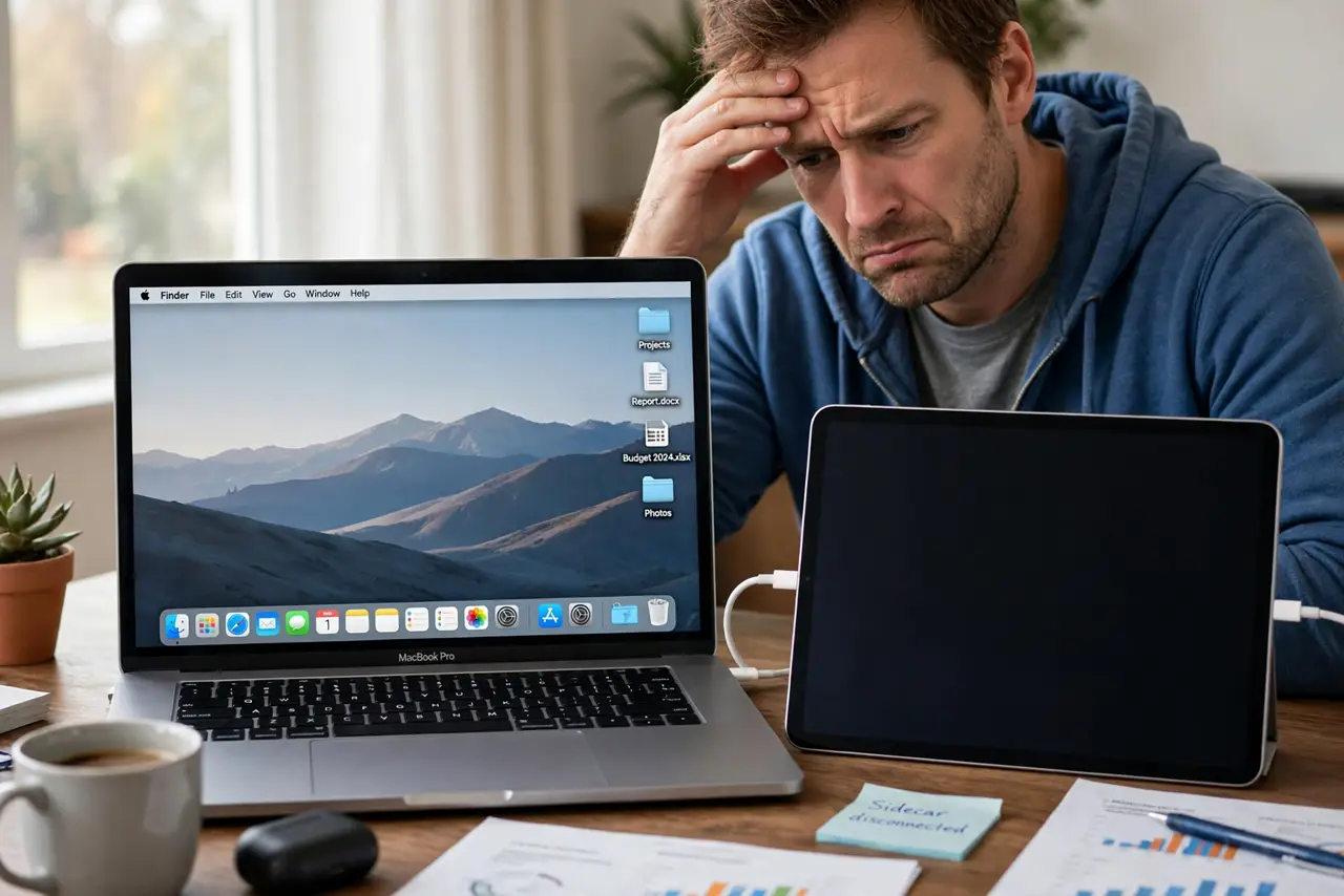 a frustrated adult with a real Mac and a real iPad as a second display, the iPad screen having just gone black with the Mac still showing its desktop legibly.