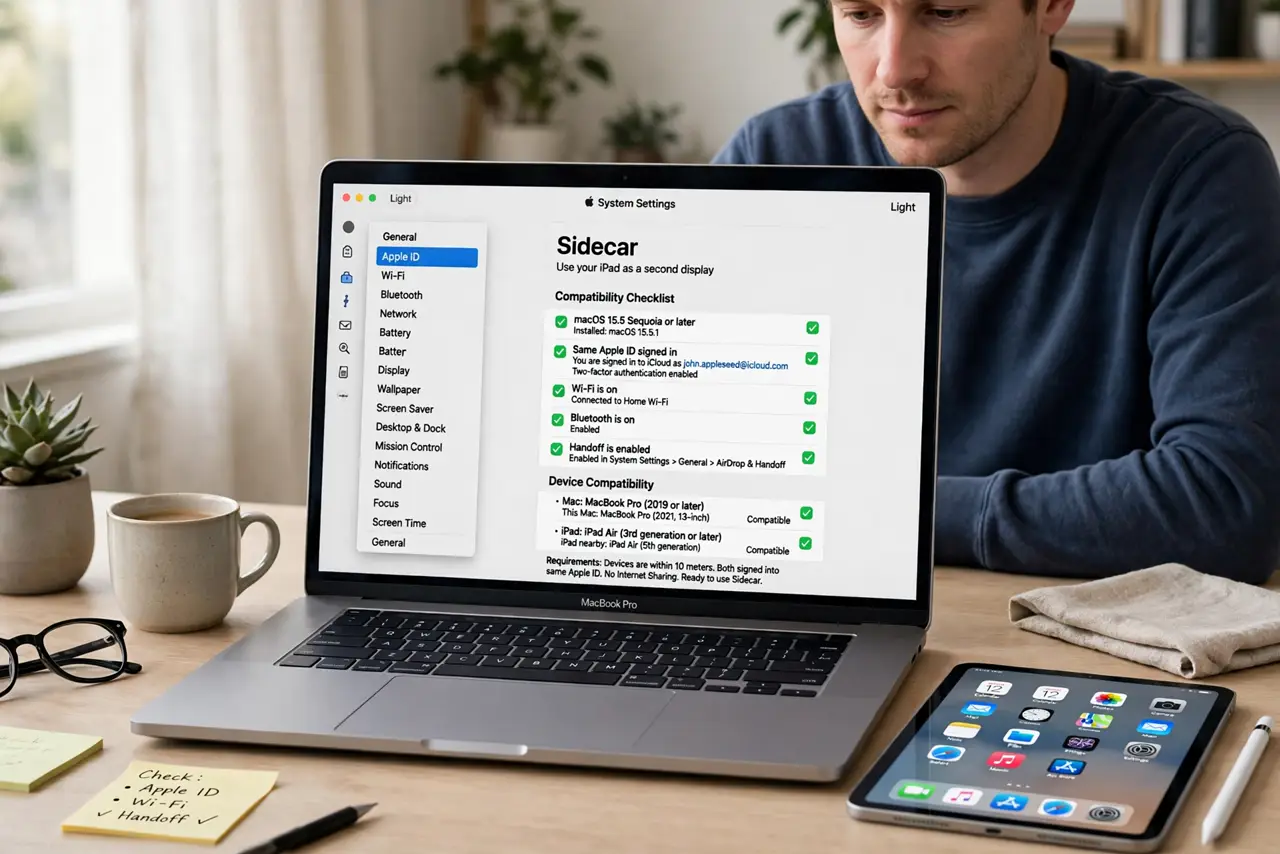 Photoreal photo of a person performing the first step: Check the requirements first. Sidecar needs a compatible Mac and iPad — most models from the...
