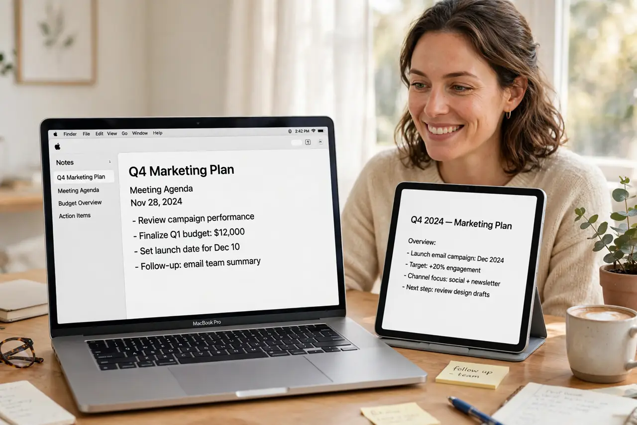 Photoreal photo: a person working at a real MacBook with a real iPad beside it acting as a second display showing a legible document, the person's face pleased, bright desk. No black screen, no blank white screen, ...