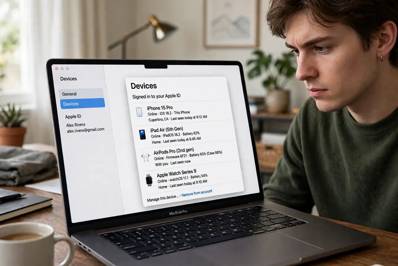 A person reviewing a device list on a MacBook screen with several device entries legible, the person's face serious and