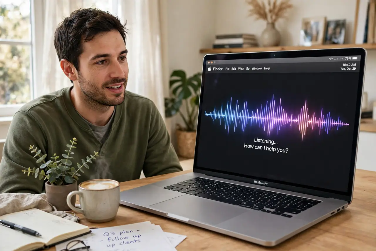 A person speaking toward a real MacBook on a desk, the Mac screen showing the Siri waveform interface legible, the person's face relaxed and conversational,…