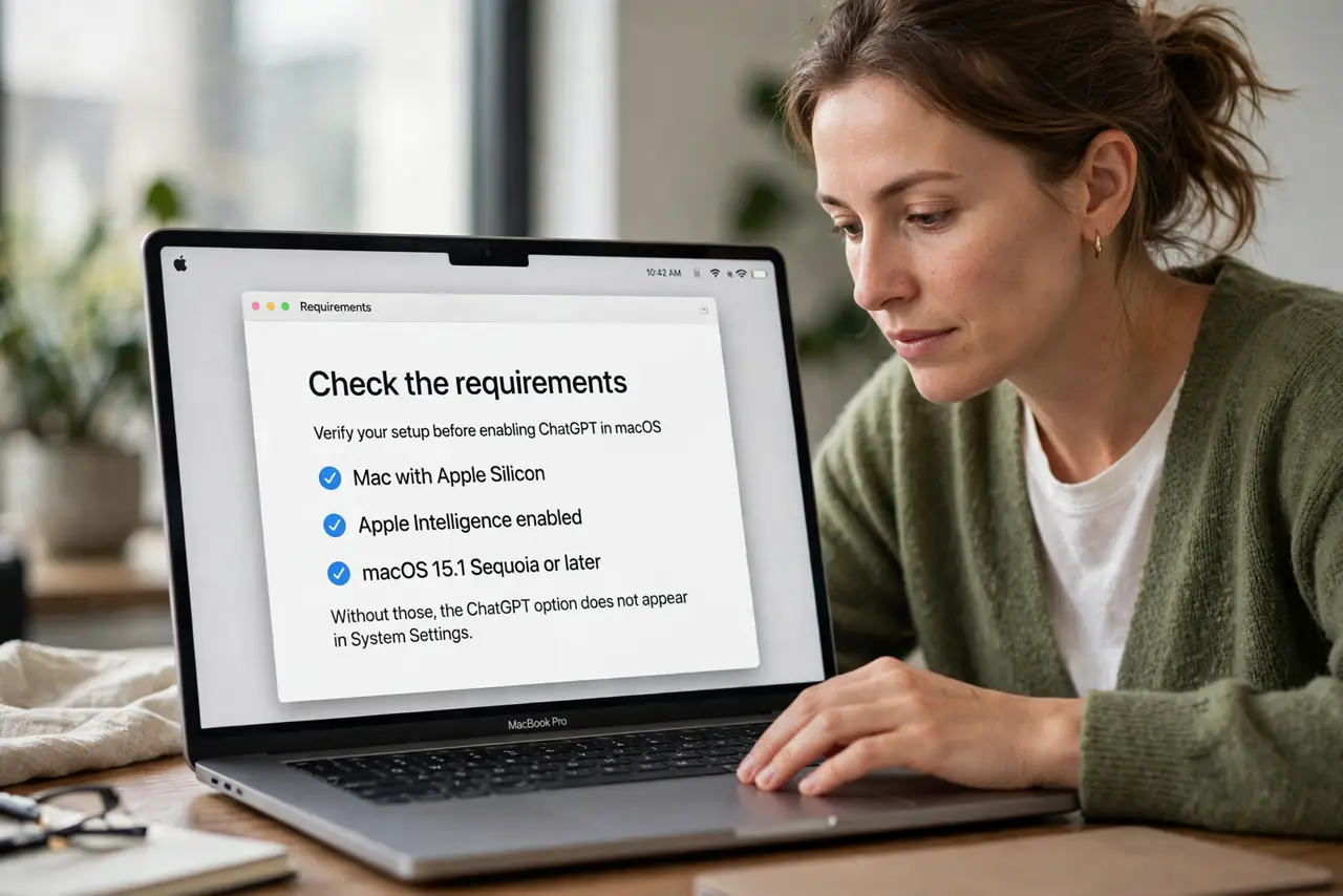 A person performing the guide's first step: Check the requirements. You need a Mac with Apple Silicon, Apple Intelligence enabled, and a recent macOS version. Without those, the…