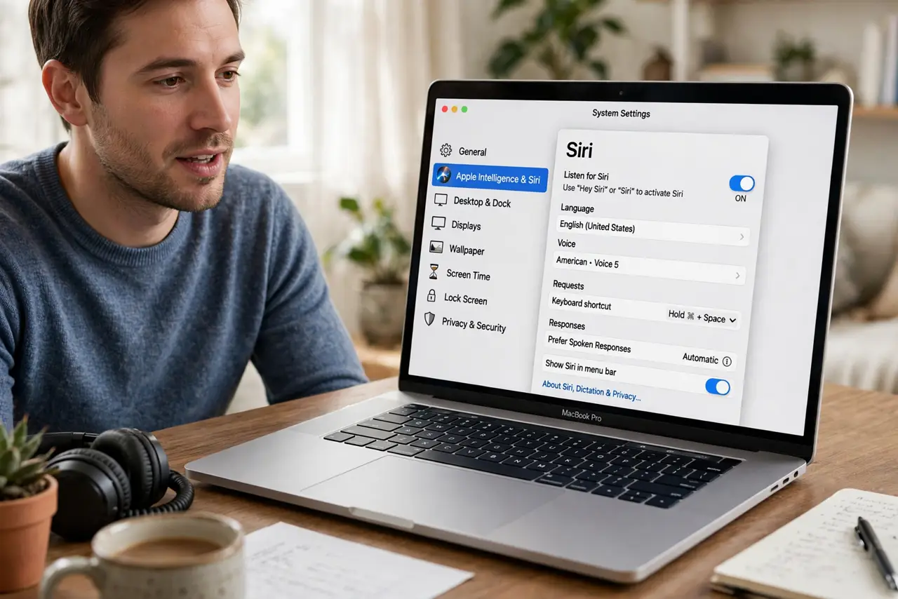 a calm adult speaking to a real Mac laptop at a desk, the macOS Siri settings screen clearly visible and legible on the real Mac screen.