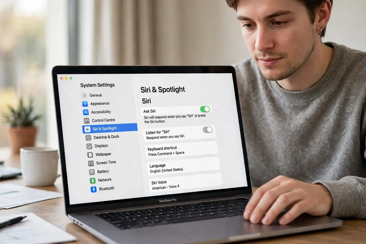 A person calmly performing the guide's first step: Enable Siri in System Settings.