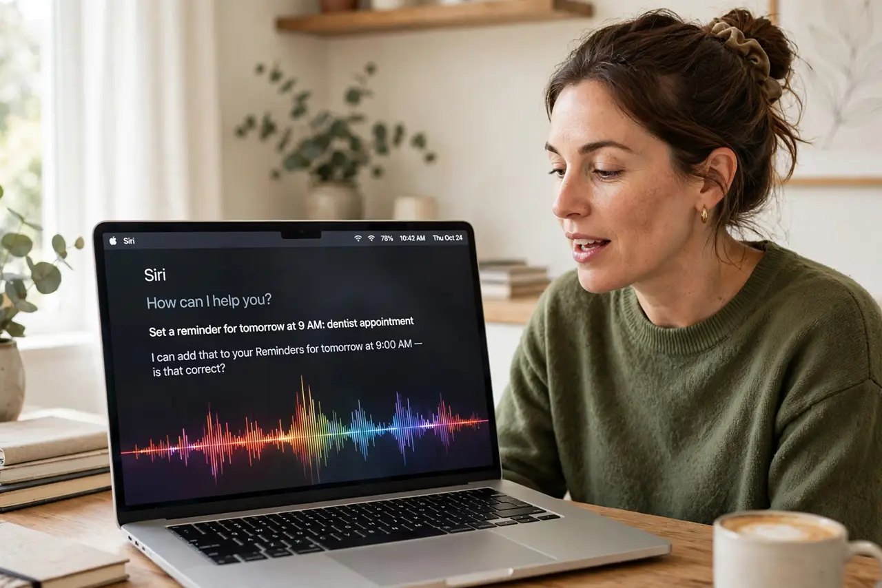 a person speaking toward a real MacBook showing the Siri waveform with legible text, the person's face relaxed, bright home office. No black screen, no blank white screen, no fake .