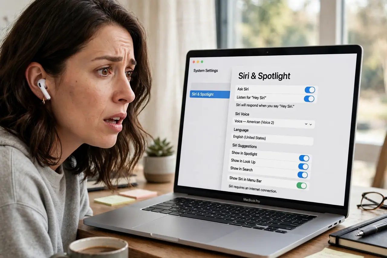 Siri Won't Answer on Your Headphones — a puzzled adult wearing real wireless earbuds saying Hey Siri toward a MacBook with fully legible Siri setting