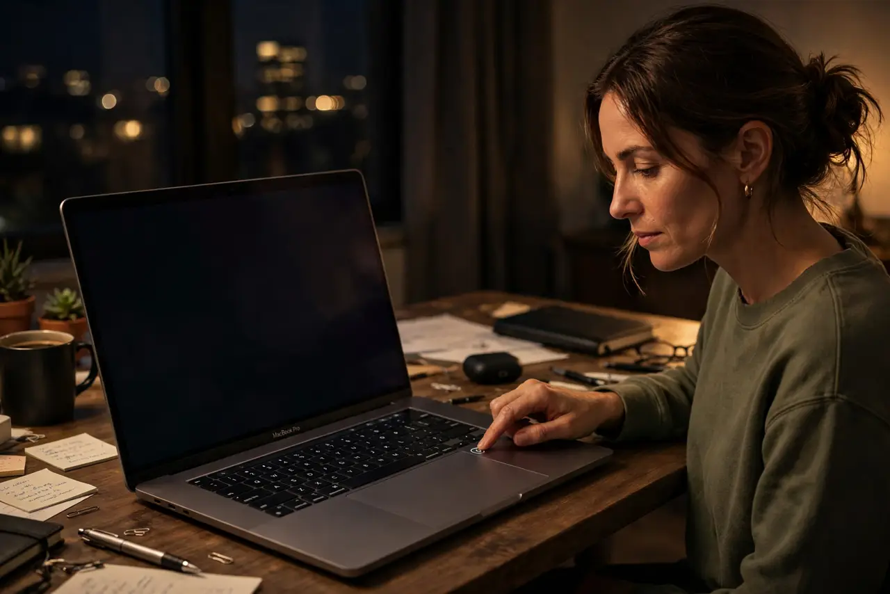 a quiet bedroom desk at night with a real Mac laptop asleep, the screen dark and the room calm, a person resting nearby without touching the Mac.