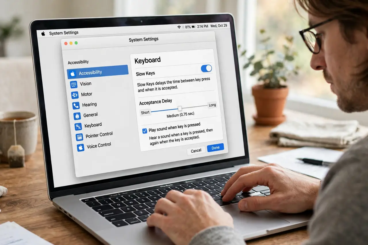 A person typing slowly and deliberately on a real MacBook keyboard, the Slow Keys settings window visible on screen fully legible, the person's face patient and focused.