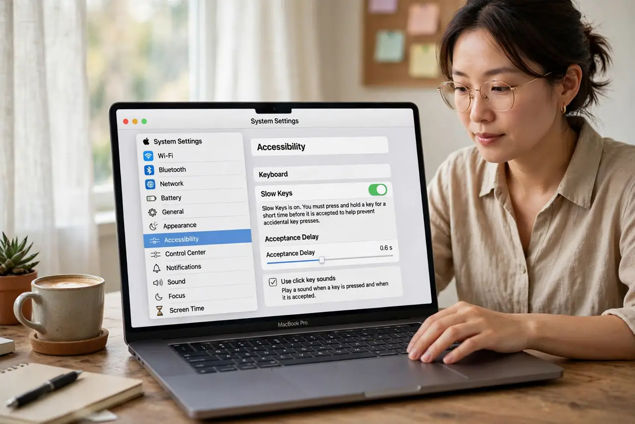 A person performing step 1: Enable Slow Keys. Go to System Settings > Accessibility > Keyboard and turn on Slow Keys. Immediately, fleetin.