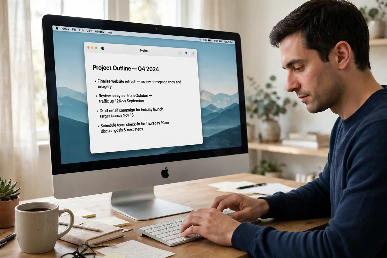 A person typing deliberately on a real Mac keyboard, fingers pressing keys with intention, a real Mac screen showing clean typed text, the person's face calm, desk.