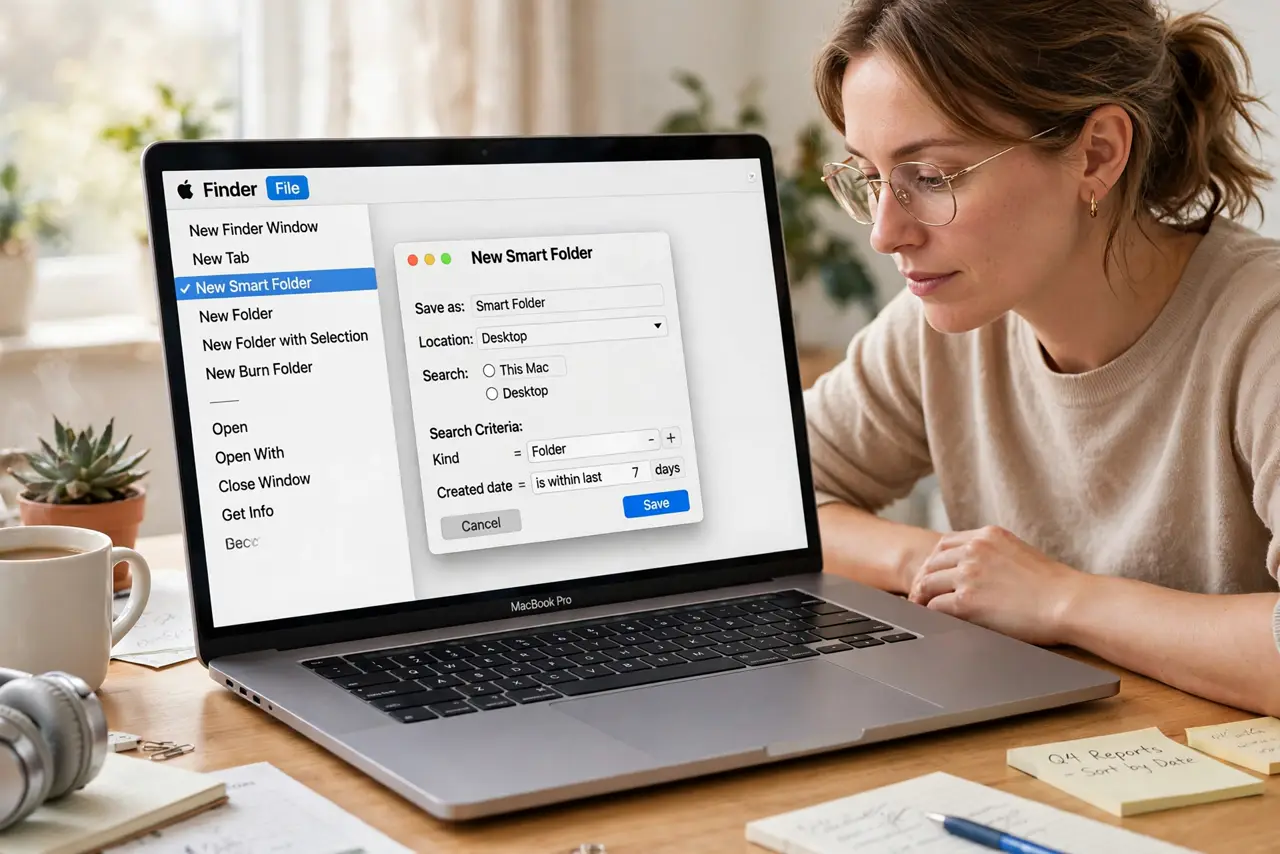 Photoreal photo of a person performing the first step: Create a new Smart Folder. In Finder, go to File, then New Smart Folder. A search window ope...
