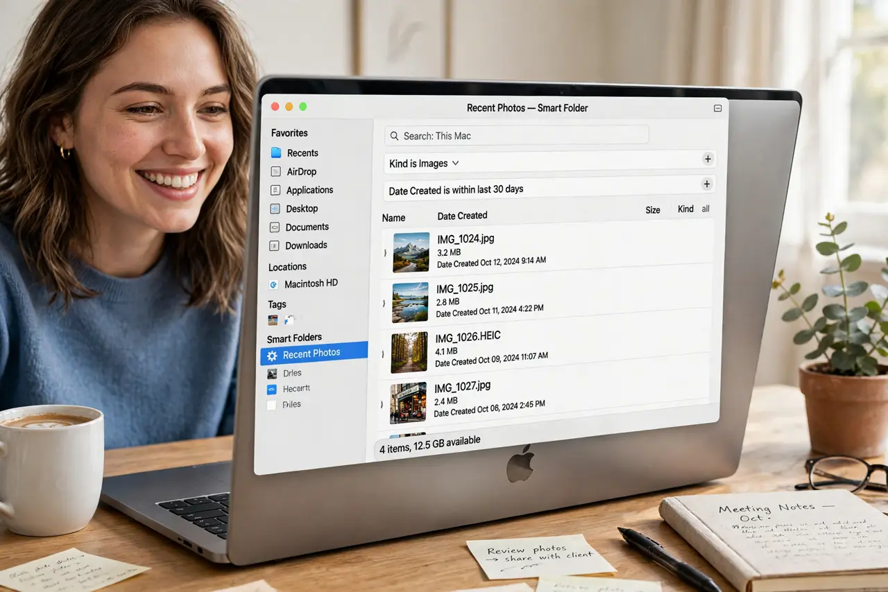 Photoreal photo: a person looking at a real Mac Finder window showing a legible Smart Folder with search criteria and matching files, the person's face delighted, bright desk. No black screen, no blank white screen...