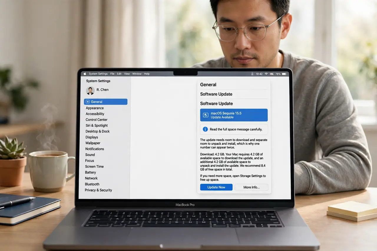 An Update Asks for Disk Space Twice — step 1 being performed on the device.