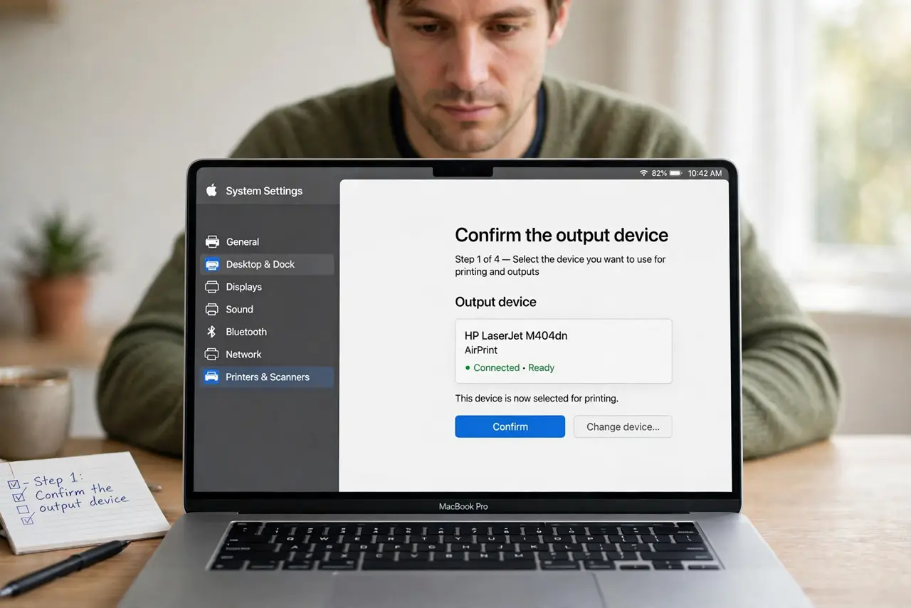 A person performing the first step: Confirm the output device.