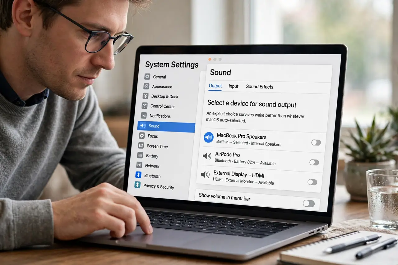 A person performing step 1 of the guide: Set the output explicitly. Go to System Settings > Sound > Output and click your preferred device. An explicit choice survives wake bette...
