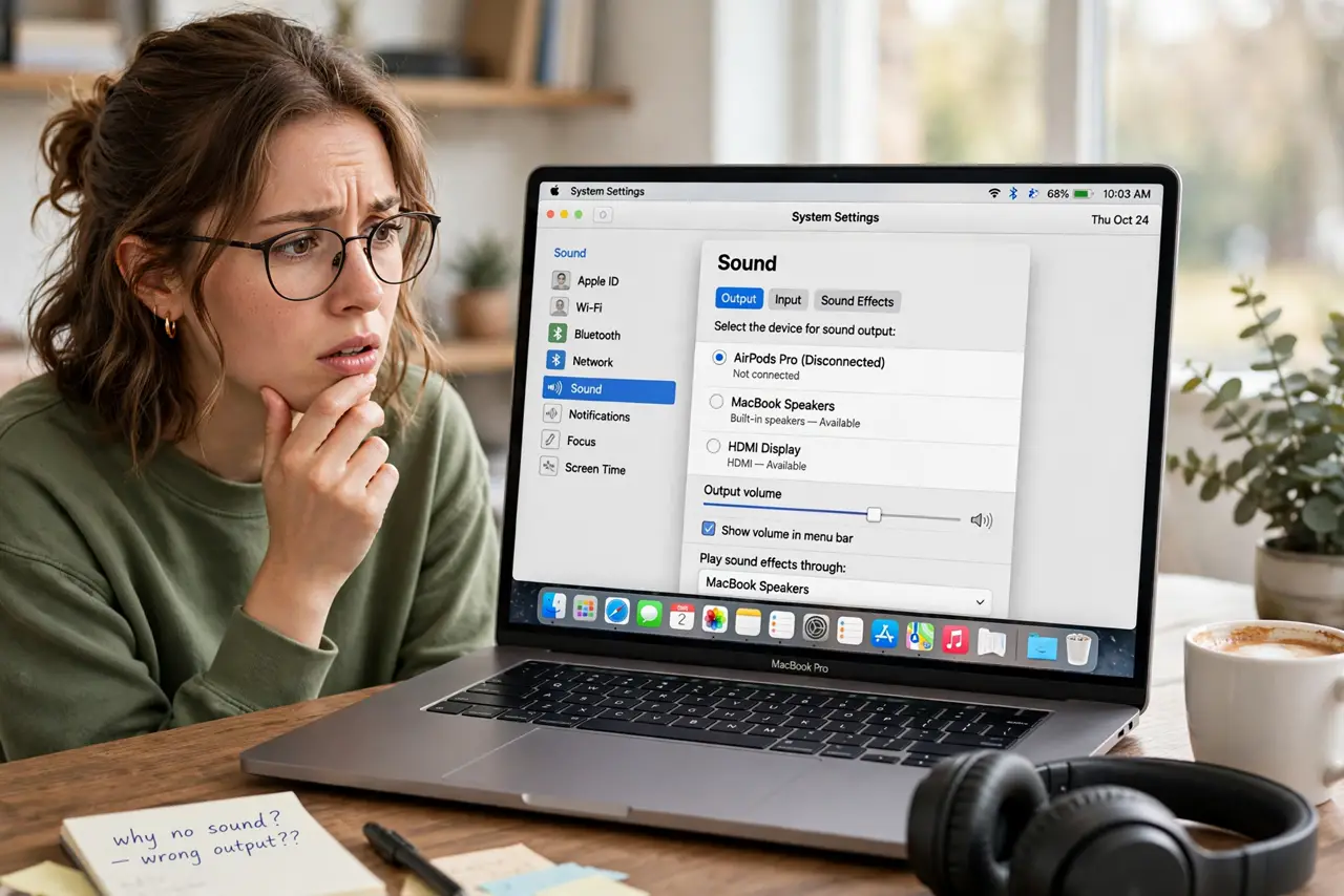 a puzzled adult waking a real Mac, the sound settings page open with fully legible text showing the wrong output device selected, headphones on the desk.