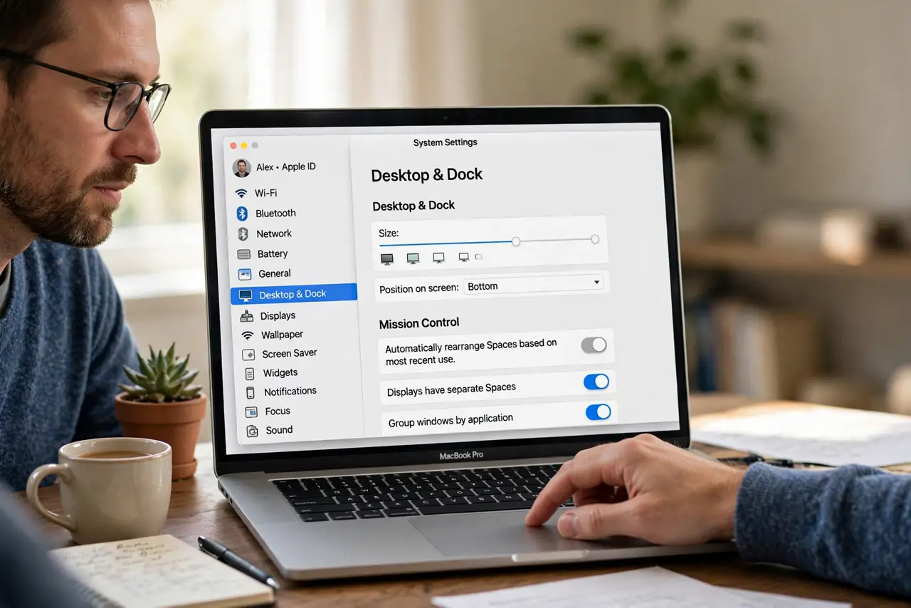 A person performing step 1 of the guide: Turn off automatic rearranging. Go to System Settings > Desktop & Dock, scroll to Mission Control, and disable 'Automatically rearrange S...