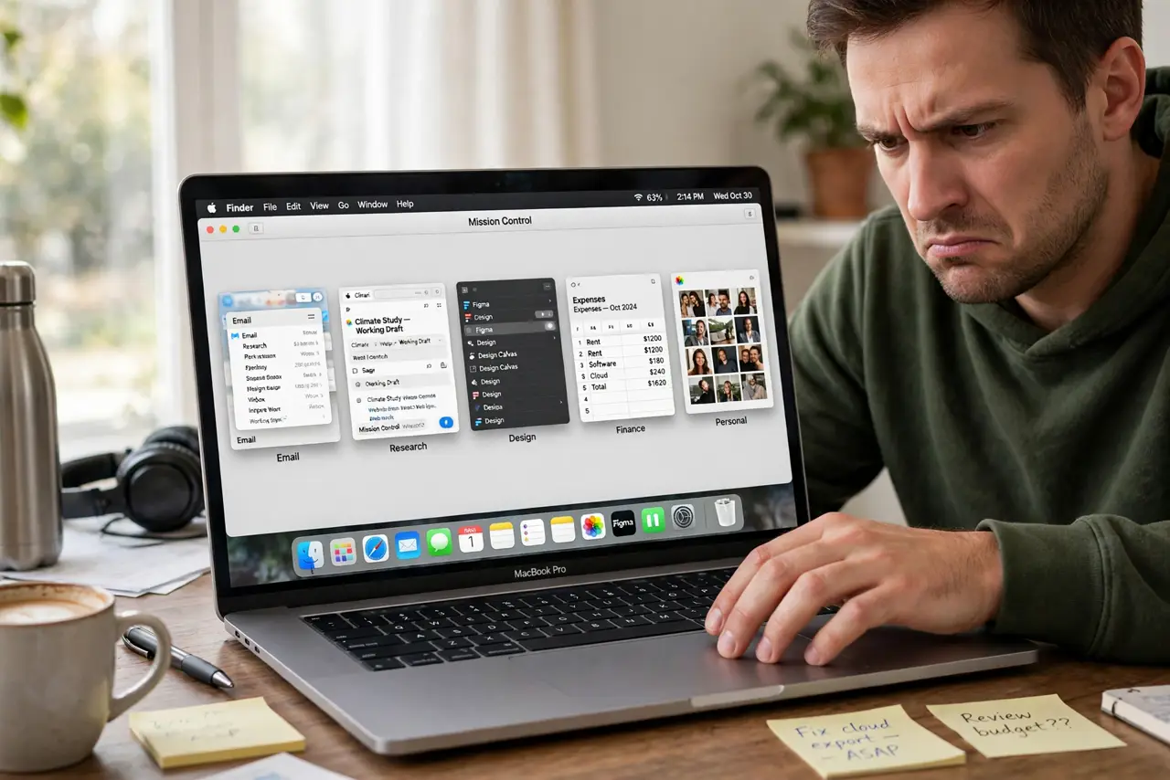 a mildly annoyed adult swiping between Spaces on a real Mac, Mission Control open showing desktops with fully legible labels in unexpected order.