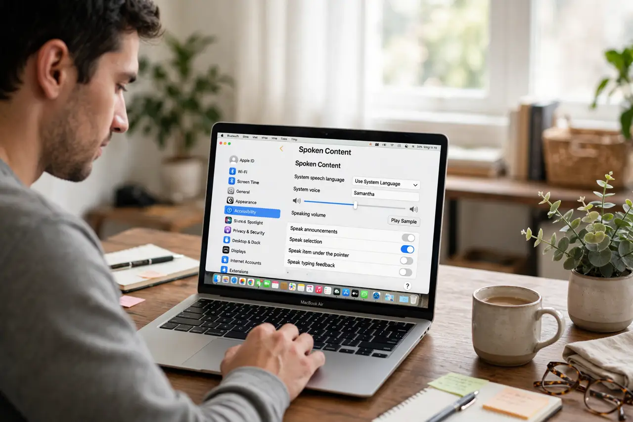 Photoreal photo of a person performing the first step: Open System Settings to Accessibility. Apple menu, System Settings, then Accessibility in th...