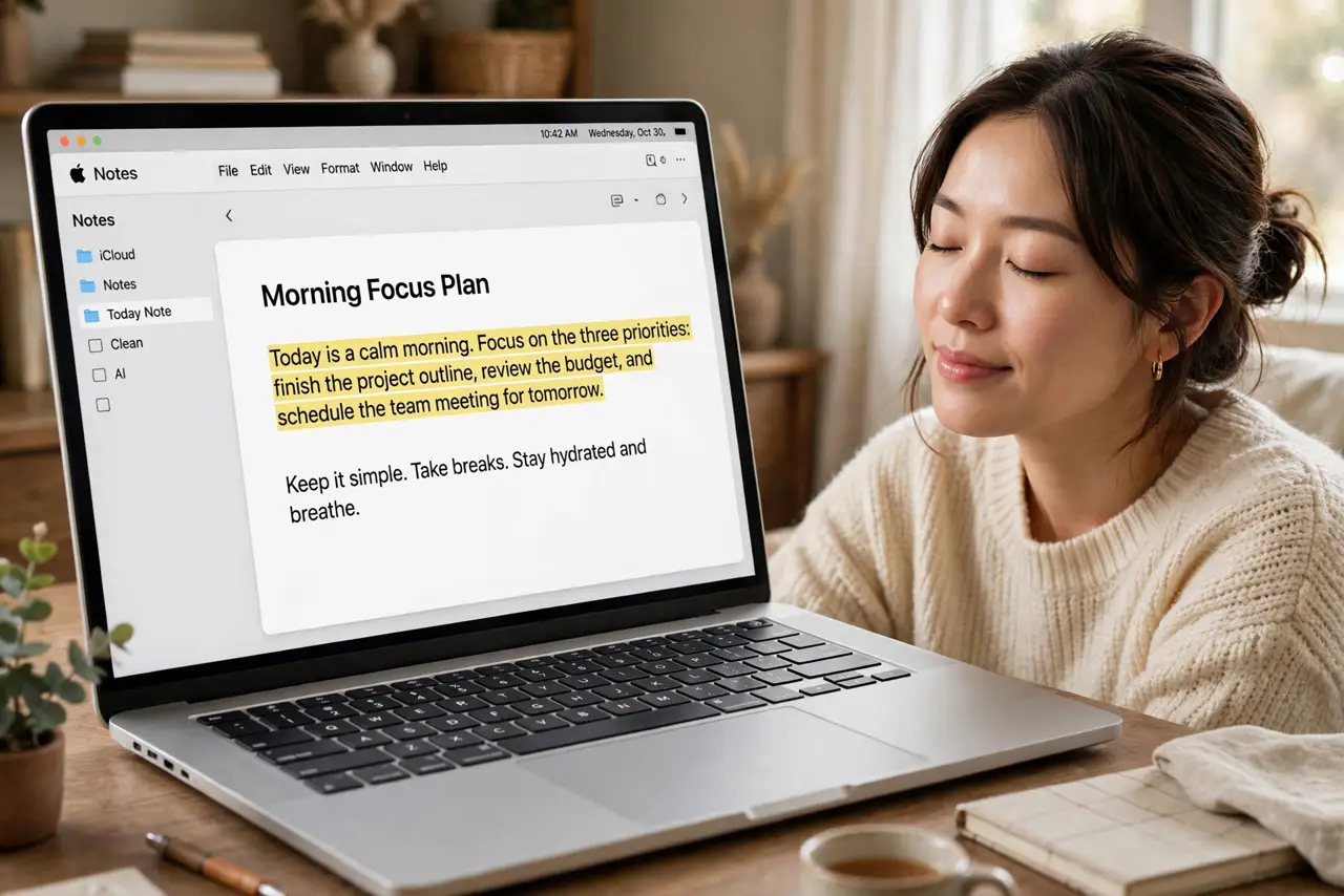 Photoreal photo: a person listening with eyes closed while a real Mac highlights text being read aloud on screen, the person's face relaxed, cozy home office. No black screen, no blank white screen, no fake or garb...