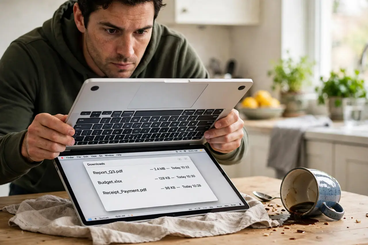 a person quickly flipping a real MacBook upside down in a tent position over a towel, a tipped coffee cup nearby, the person's face urgent but controlled, kitchen table.