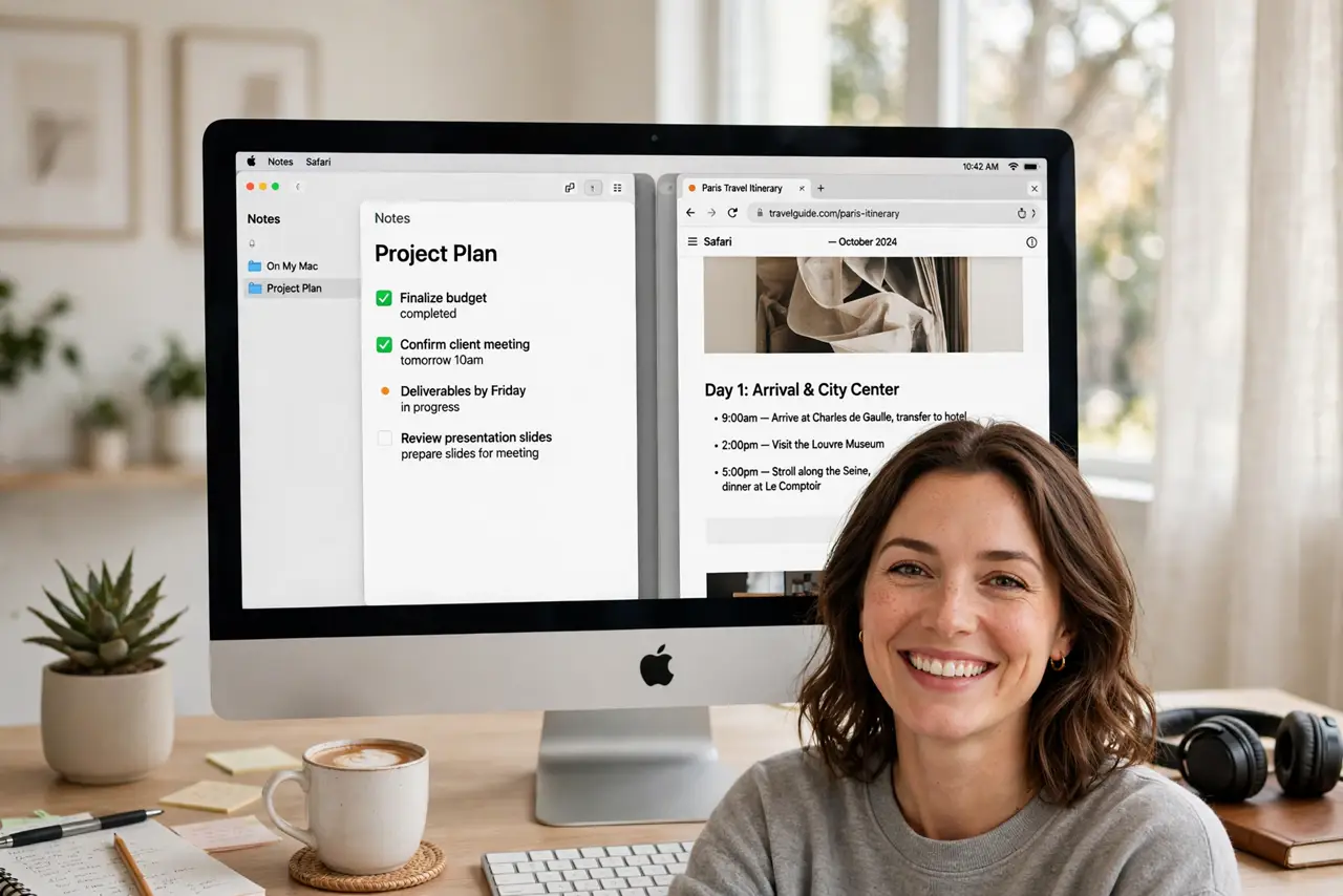 A person using Split View on a real Mac with two apps side by side filling the screen and the divider visible, the