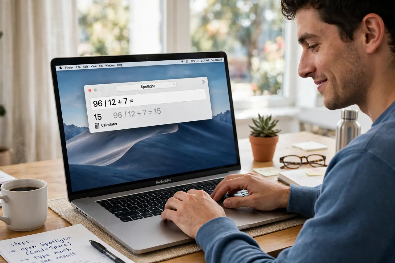 a person typing on a real MacBook, the screen showing the Spotlight search bar with a legible math expression and result, the person's face pleased, bright d...