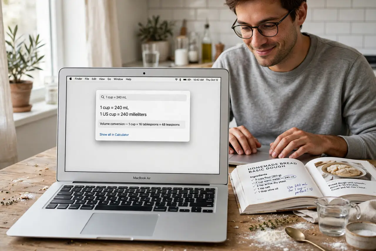 a person typing on a real MacBook, the screen showing the Spotlight bar with a legible unit conversion result, a cookbook open beside it, the person's face s...