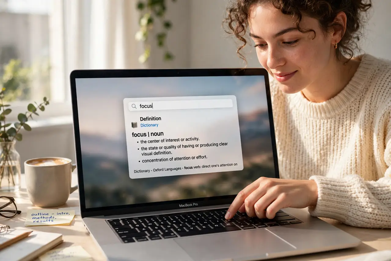 a person pressing keys on a real MacBook with Spotlight search open showing a legible dictionary definition, the person's face enlightened, bright desk. No black screen, no blank w.