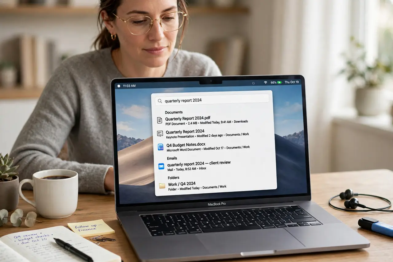 a calm adult at a desk searching on a real Mac laptop, the macOS Spotlight search window with results clearly visible and legible on the real Mac screen.